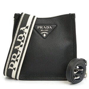 Prada black leather shoulder bag with a logo print woven strap
